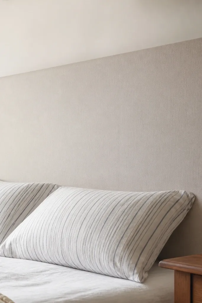 A queen headboard made from a flat MDF board covered with canvas. The fabric is folded into sharp box corners on the sides, creating tidy "tail" shapes. The surface is smooth with subtle folds only at the corners, and the headboard sits above a bed with striped pillows.