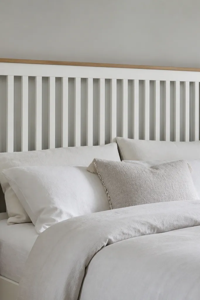 A queen headboard with evenly spaced vertical slats painted matte white. The slats are mounted on a simple wood frame, with a slightly darker trim strip at the top. The bed sits against a gray wall, and the headboard has a clean, airy look.