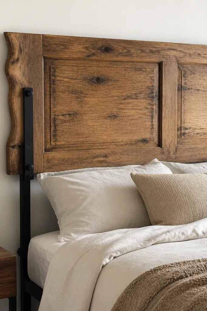 A queen headboard made from an old door panel with visible grain and a slightly uneven live edge on one side. The door has a natural stain with warm brown tones. A matte black metal bracket system holds it to the bed frame; the wall behind is off-white.