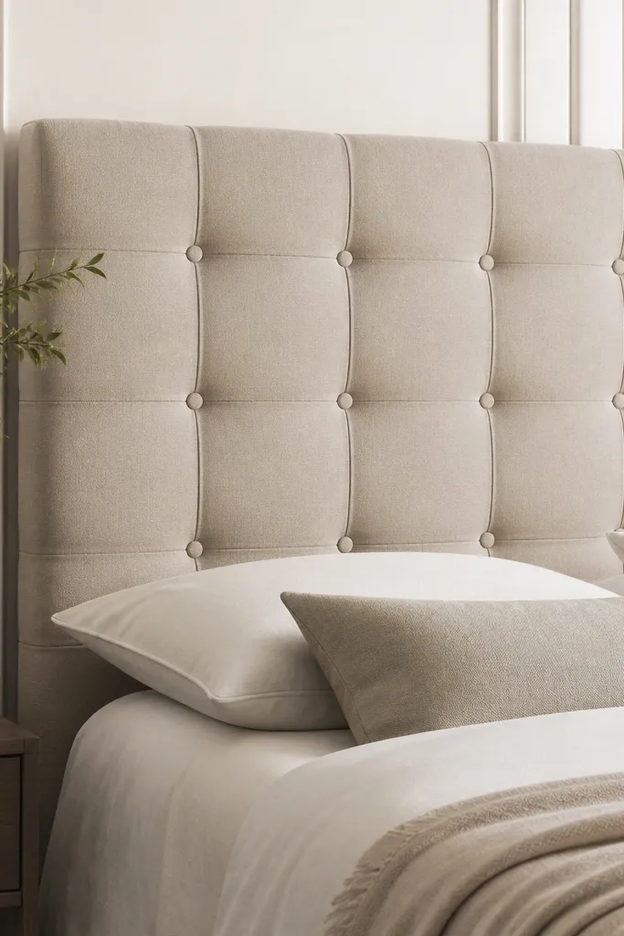 A queen headboard with a quilted, tufted look made from fabric stretched over foam. The "tufts" are created by channel tape lines and button-like knots. The surface has a neat grid pattern with small round dimples.