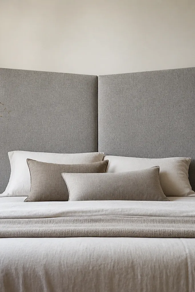 A queen headboard that looks like two fabric panels hinged at the center, folding outward slightly. The fabric is a textured gray linen blend. The mounting hardware is hidden and sits behind the panels, with a clean gap line in the middle.