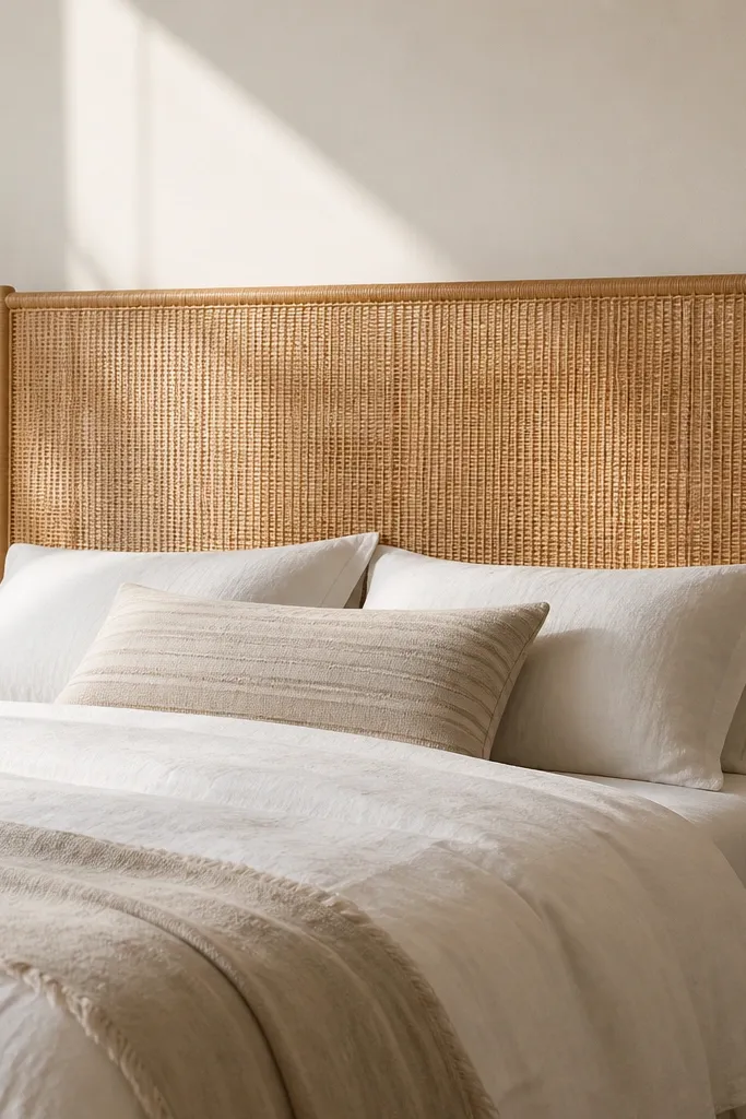A queen headboard made from vertical woven rattan strips attached to a simple wooden dowel frame. The rattan has a honey color and a slightly see-through texture. The top edge is straight and the sides are wrapped cleanly.