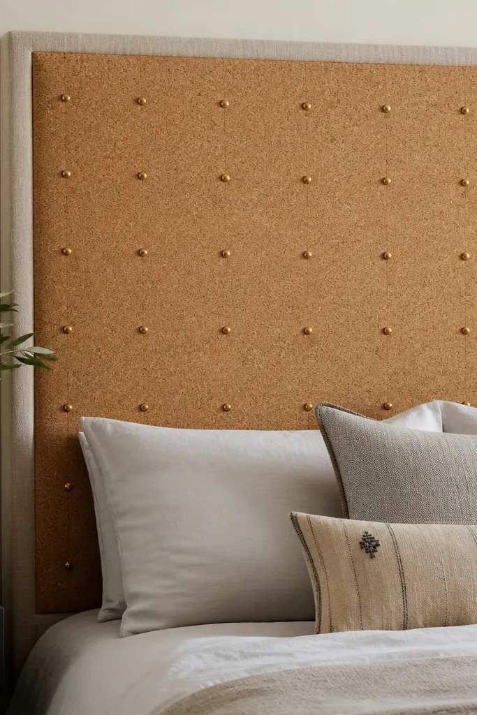 A queen headboard panel covered in cork with a neat grid of pushpins. The cork is backed by linen fabric, visible at the edges. The cork tone is warm tan with small pin heads forming symmetrical rows.