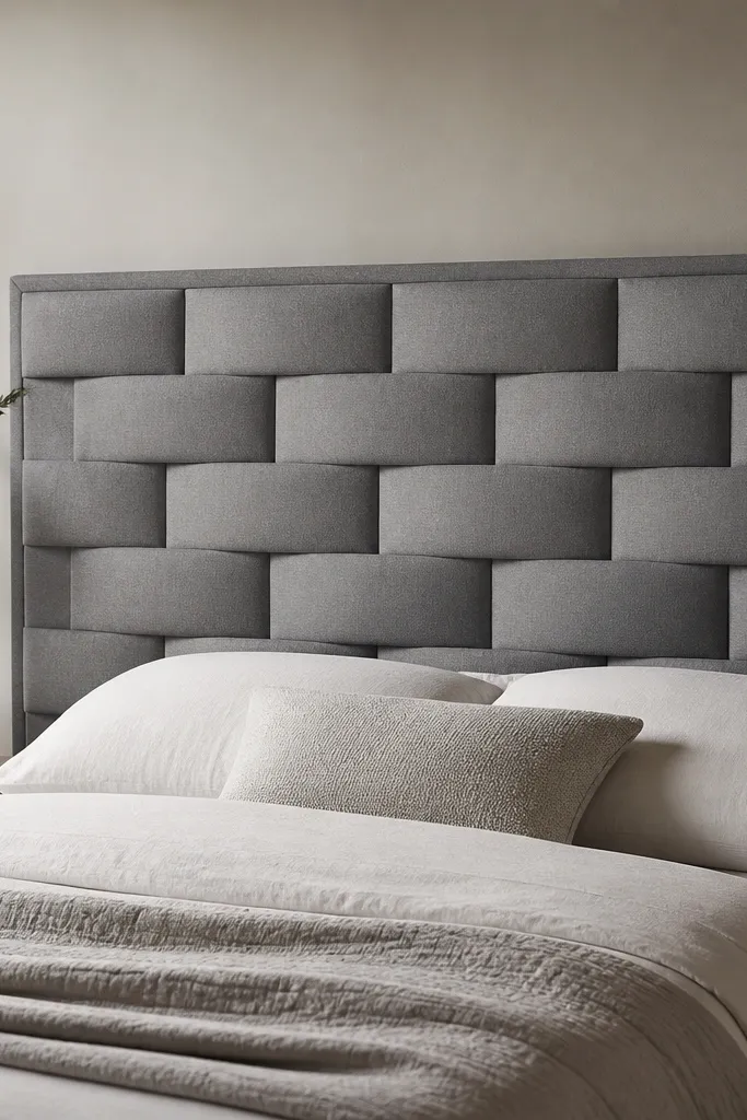A queen headboard made of staggered rectangular foam blocks covered in matching fabric. The blocks create a 3D wave pattern across the surface. The fabric is a matte gray, and the top edge is straight with a thin border.