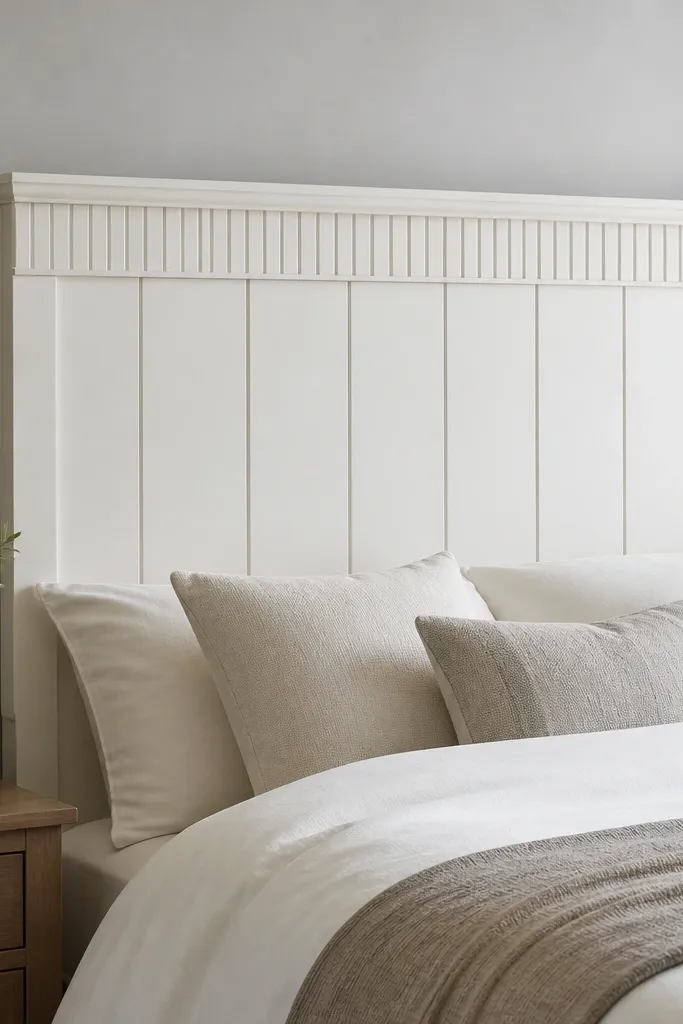 A queen headboard that combines vertical shiplap panels with a small beadboard trim strip at the top. The shiplap is painted soft white, and the beadboard has a subtle shadow line. The bed sits against a light gray wall.