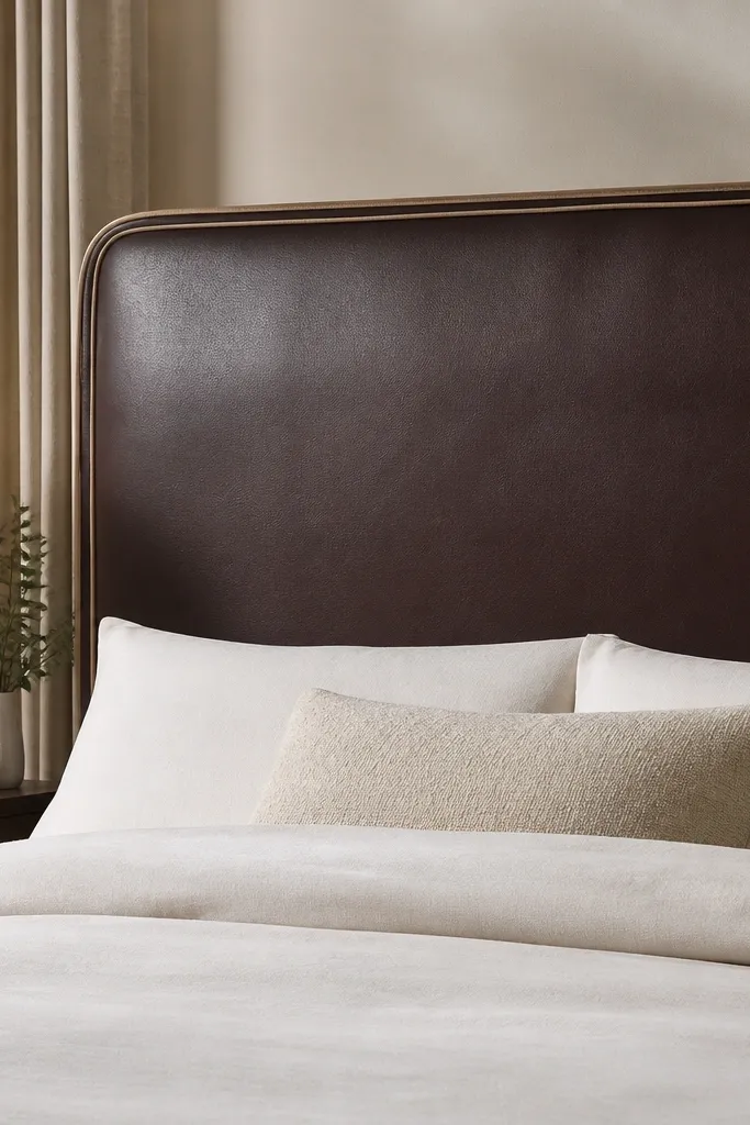 A queen headboard with leather-look vinyl in deep espresso brown. There is a thin contrasting piping line around the edges. The fabric seams meet at the back with a hidden zipper, and the front looks smooth and clean.