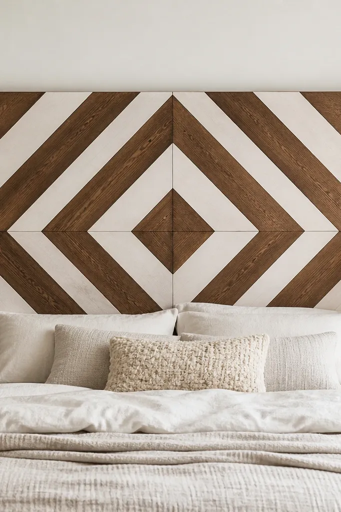 A queen headboard made from a flat wood base with a geometric triangle pattern. Triangles alternate between darker walnut-stained pieces and lighter painted wood. The pattern is centered and symmetrical with sharp edges.
