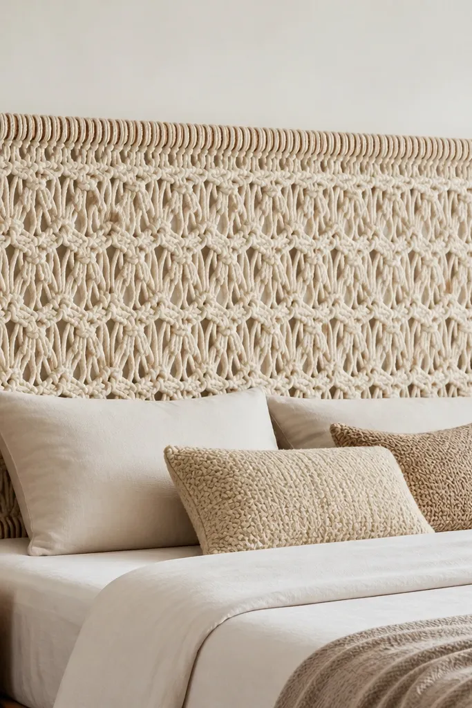 A queen headboard made with thick rope tied in a macrame pattern on a wooden frame. The rope is off-white and forms repeating knots with a slightly airy, textured surface. The top rail is straight, and the bottom has a clean edge.