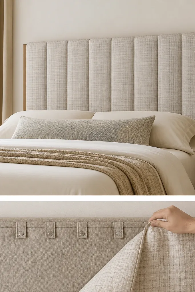 A queen headboard with fabric panels that look upholstered, but the front fabric can be swapped. You see small snap tabs along the back edge where the cover attaches. The visible front fabric is a patterned neutral with a subtle grid.