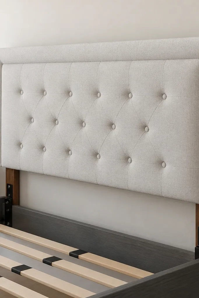 A store-bought upholstered queen headboard with fabric buttons and a clean frame. The headboard is attached using a homemade mounting adapter bracket that aligns with the bed frame holes. The installation looks straight and stable.