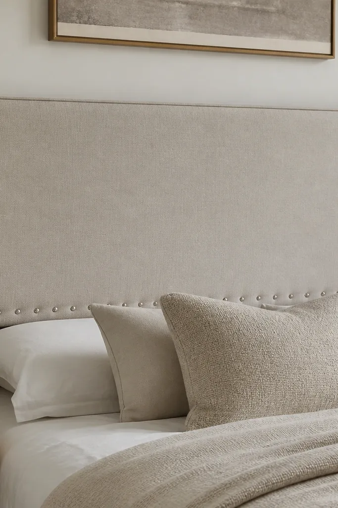 A rectangular upholstered headboard with a smooth matte fabric face and a narrow welt cord running around the perimeter; the corners are crisp and squared, with small silver nailheads spaced evenly along the bottom edge.