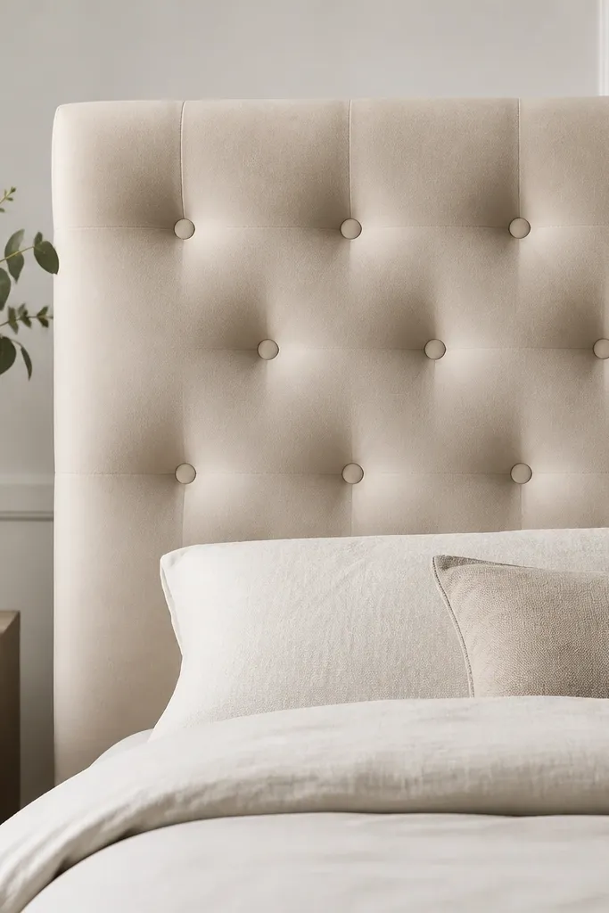 A tufted headboard with evenly spaced round buttons forming a gentle grid; the fabric is a pale oatmeal performance velvet, and the buttons are covered in the same fabric with subtle sheen.