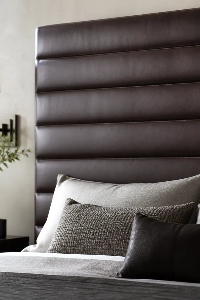 A tall headboard covered in dark brown faux leather with horizontal channels; each channel has a subtle seam line and creates a stepped, tailored texture.
