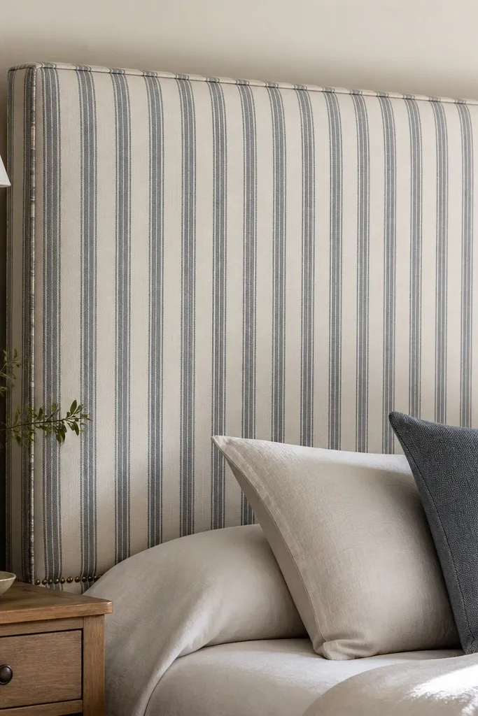 A headboard with vertical stripes aligned perfectly across the face, framed by thin piping; the bottom edge has a row of small brass nailheads.