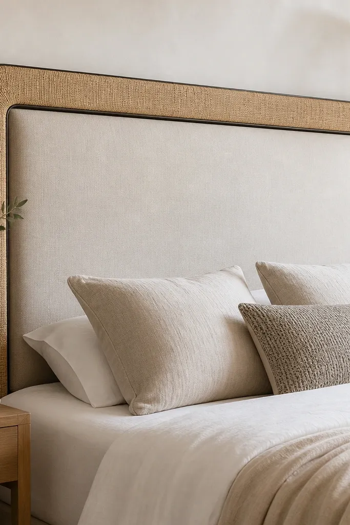A headboard where the outer frame is wrapped in light rattan or cane, while the center is upholstered in a soft beige fabric; the edges are trimmed with a narrow dark border.