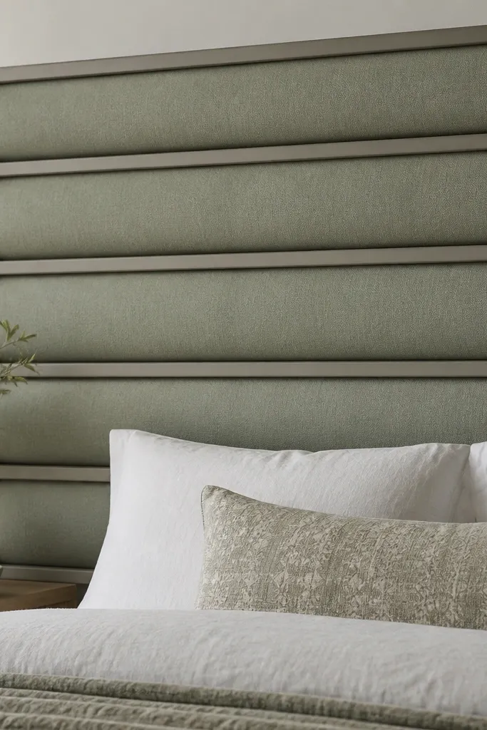 A headboard with horizontal upholstered panels separated by small boxed battens; the fabric is a muted sage, and the battens create shallow rectangular bays.