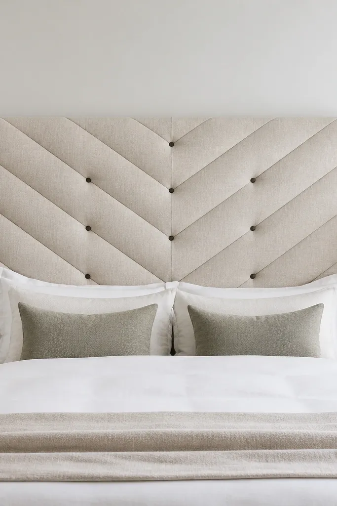 A chevron tufted headboard in light linen-look fabric with darker buttons; the chevron lines meet at the center and create a V shape symmetry.