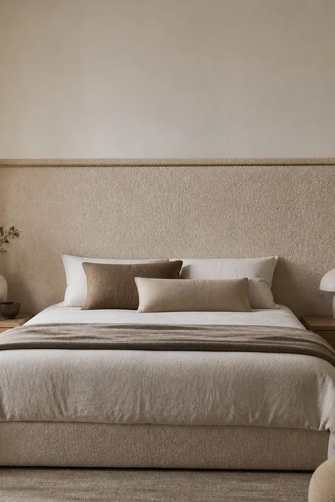 A large headboard that extends beyond the bed width, with a thin contrasting trim strip floating slightly away from the main fabric edge; the face is a textured boucle.