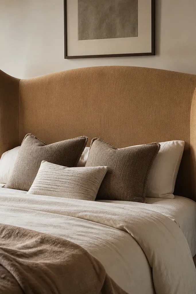 A wingback headboard with rounded side wings, upholstered in a warm camel fabric; the wings curve outward and end in soft points.