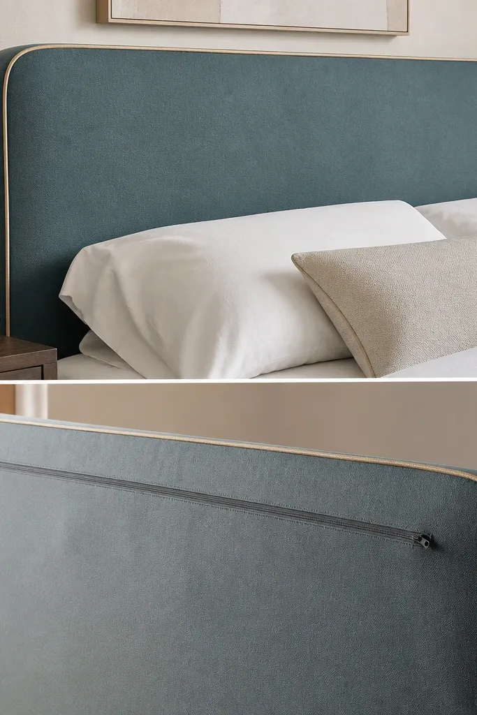 A headboard with a smooth upholstered face and a visible hidden zipper line along the back edge; the front shows a muted teal fabric with contrast piping.