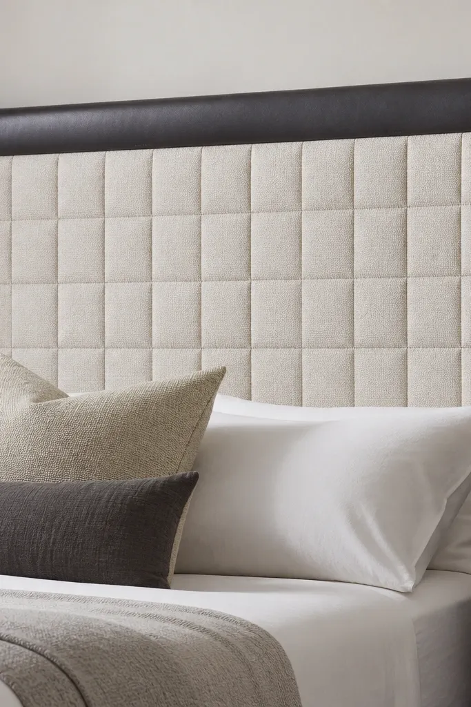 A headboard with square quilting lines across the face, bordered by dark faux leather; the quilting creates a raised grid texture.