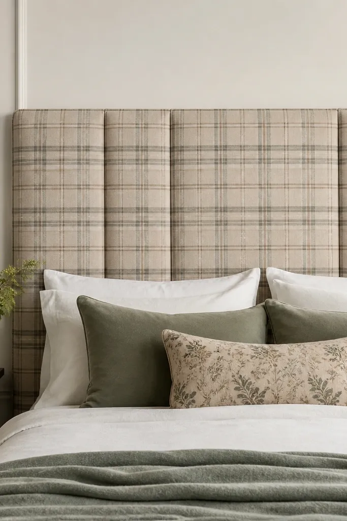 A headboard with plaid fabric centered on the face and vertical fabric-wrapped battens; the plaid lines align across the panel.