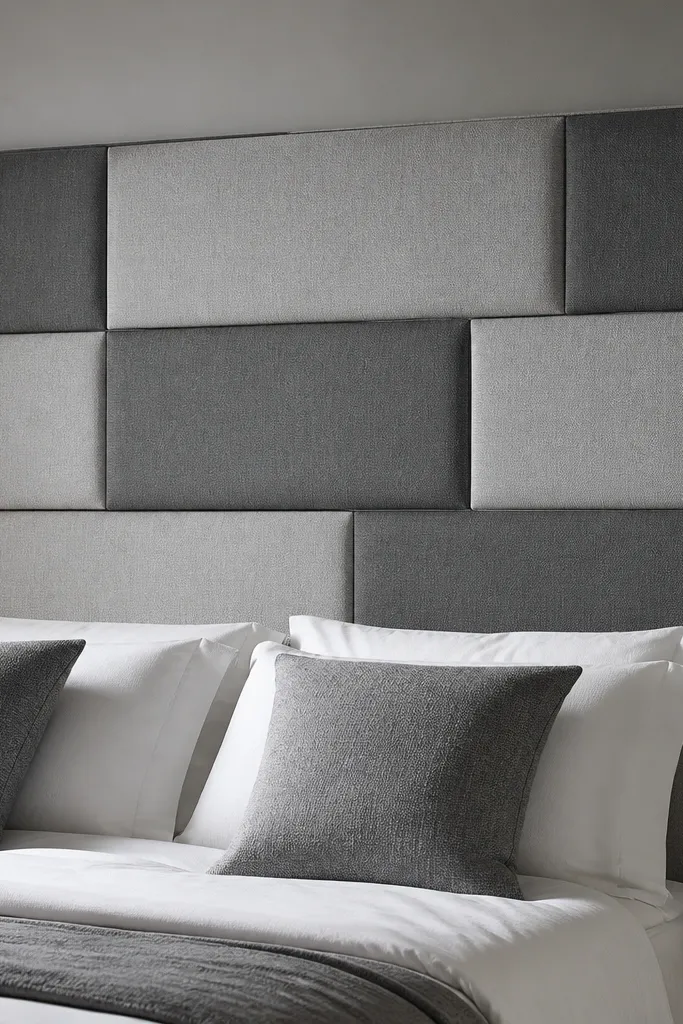 A headboard with geometric blocks: alternating raised rectangles in light gray fabric and darker gray fabric, separated by sharp lines.