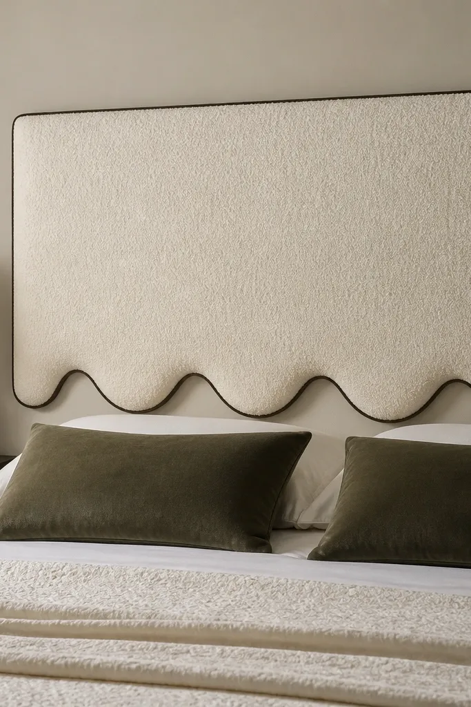 A headboard with a scalloped bottom edge like rounded waves; the face is cream boucle, and the scallops are outlined with a thin dark trim.