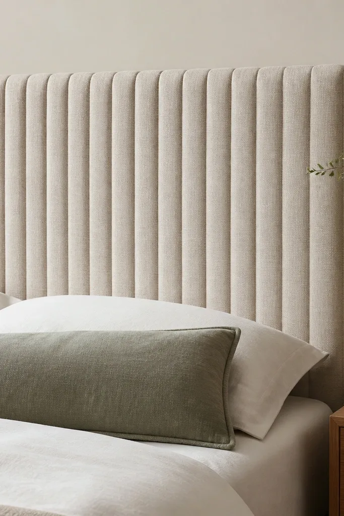A headboard with vertical ribbing created by multiple narrow cord channels; the fabric looks like a textured cotton with a matte finish.