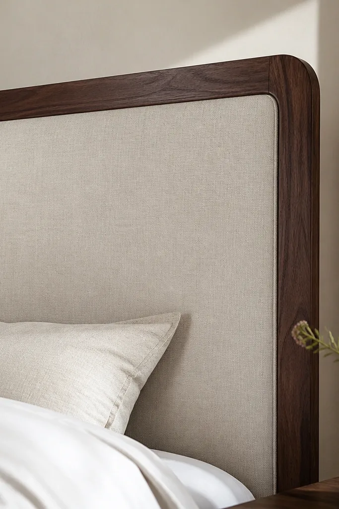 A headboard where a dark walnut stained wood frame wraps around the edges, and the center is upholstered in light linen; the fabric meets wood with a tight seam and narrow trim.