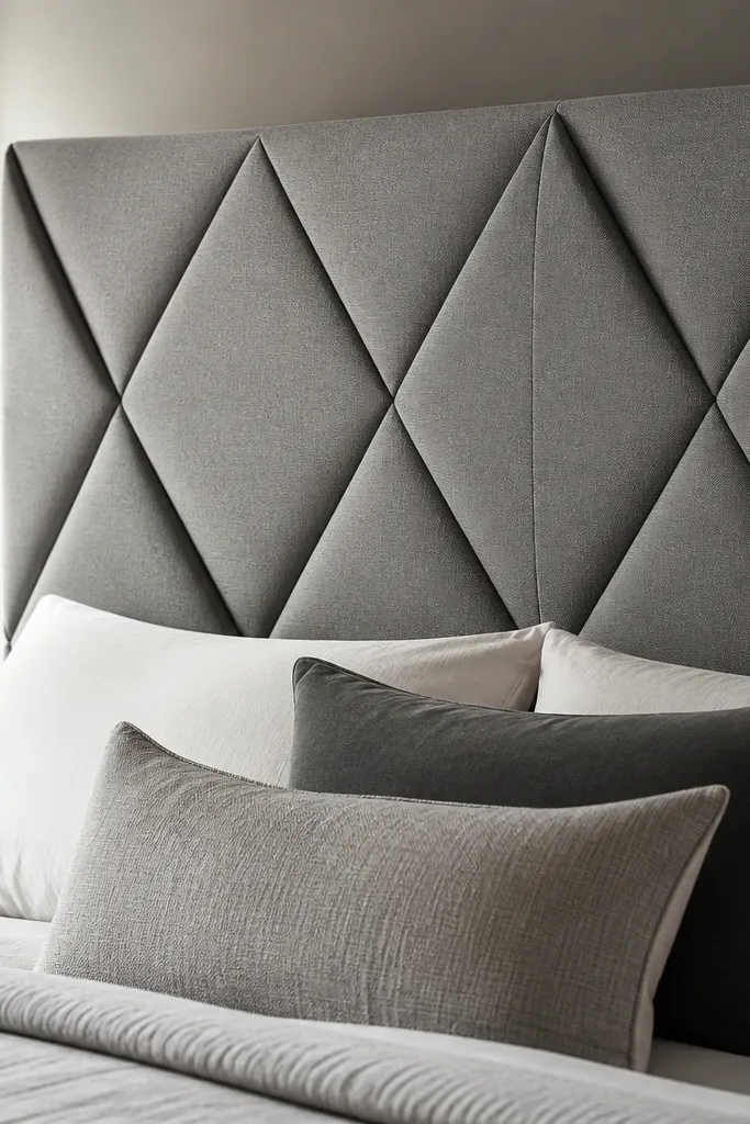 A headboard with diagonal tuck lines creating a folded, tailored pattern; the fabric is a medium-weight gray textile and the tucks form repeating triangles.