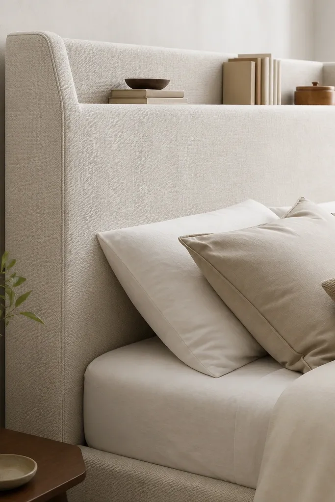 A headboard that looks upholstered and simple, but the side shows a subtle seam line; the top has a small open shelf area for books, with matching fabric finish.