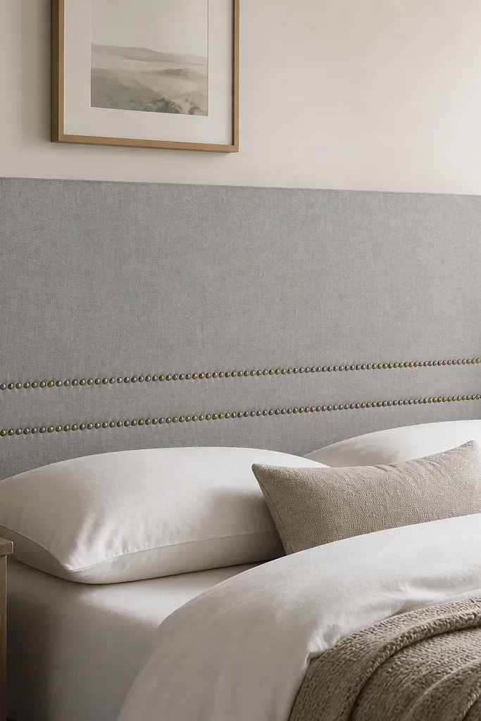 A rectangular upholstered headboard in soft gray fabric with two parallel rows of small nailheads running horizontally near the bottom third; the edges are clean and squared.