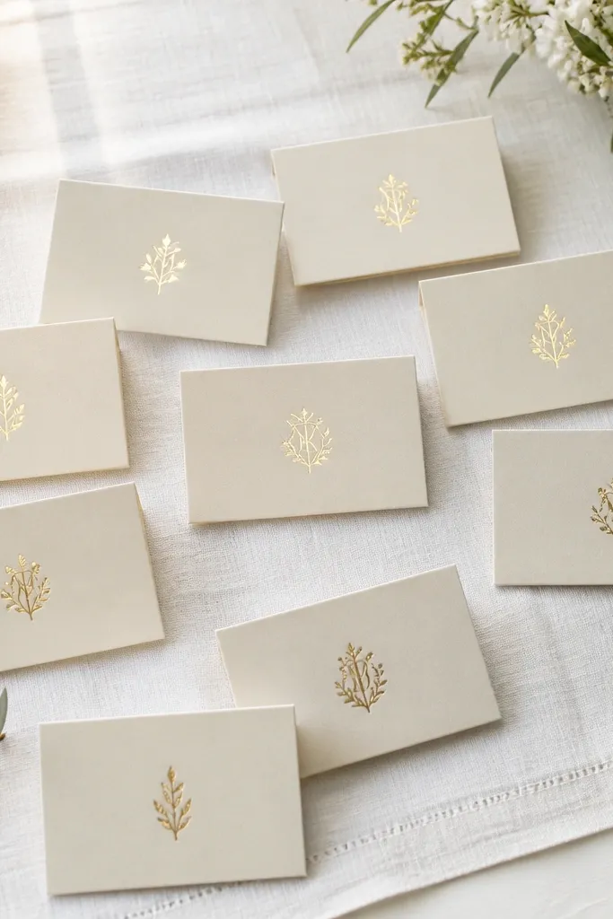 A flat lay of ten place cards on a white linen table runner. Each card is a thick ivory rectangle with a small gold monogram cut from foil vinyl on the front. The cards are angled slightly, and the foil letters catch light like tiny reflections.