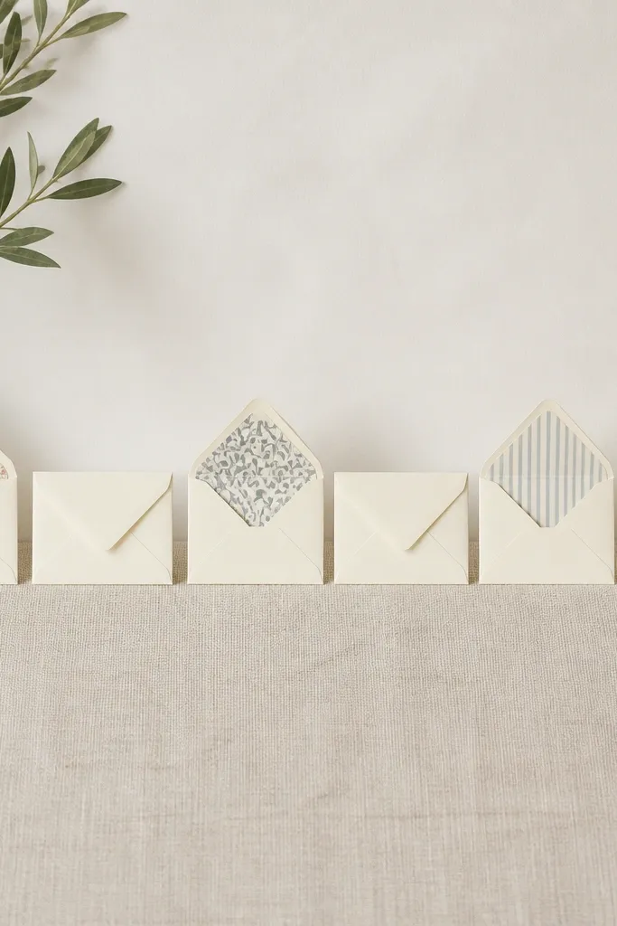 A row of small cream envelopes with neatly folded flaps. Inside each is a thin liner with a subtle pattern, cut into a perfect rectangle with sharp corners. Several envelopes are open, showing the liner peeking out.