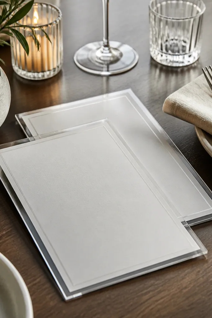 A set of menu sleeves on a dining table. Each sleeve looks like a clear acrylic cover but is actually paper. The edges are glossy and the text panel sits centered behind a transparent-looking layer.