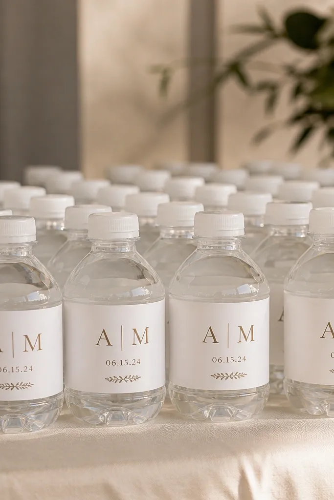 Dozens of small water bottles lined up. Each bottle has a minimalist label with the couple's initials and date in matching font. The vinyl is matte and wraps slightly around the bottle for a clean finish.
