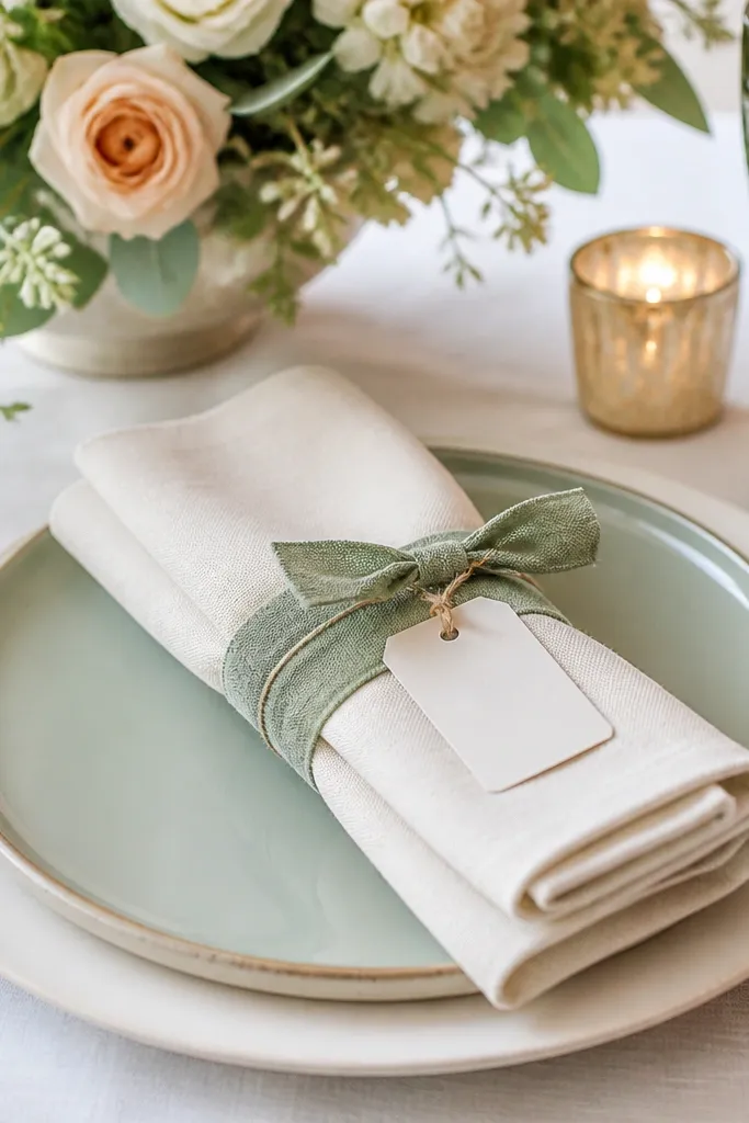 Folded napkins wrapped with soft fabric bands. Each ring has a neat ribbon knot on the side and a tiny cardstock tag tied on with thin twine. The colors look coordinated with the table decor.