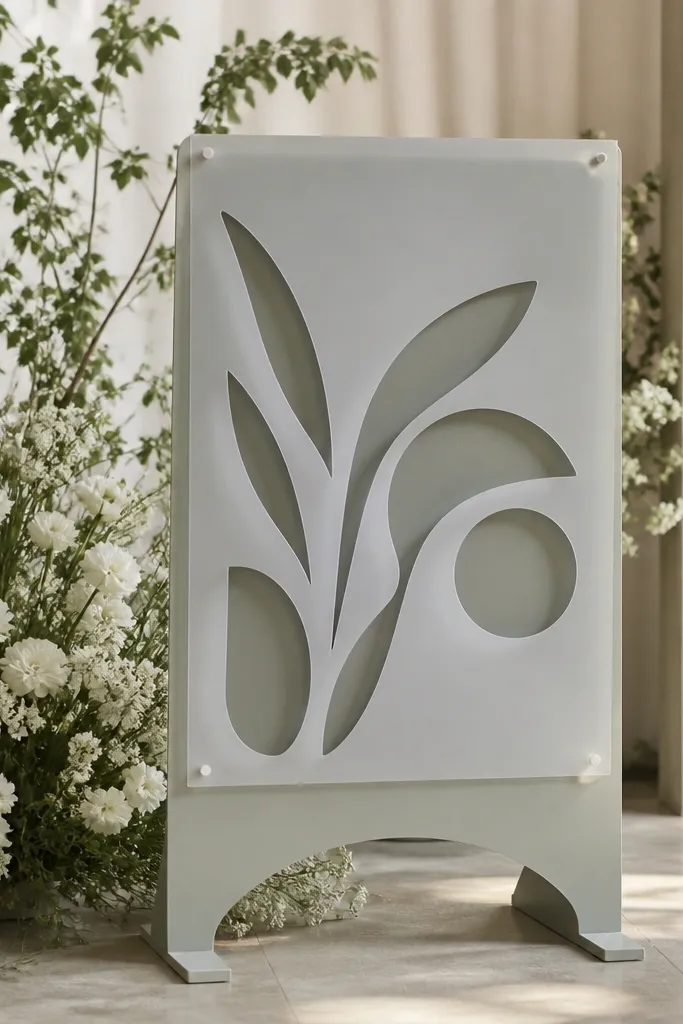 A welcome sign made from layered vellum sheets. The top layer has cut-out letters, and a darker backing sheet shows through like a shadow. The sign is mounted on a simple stand with clean edges.