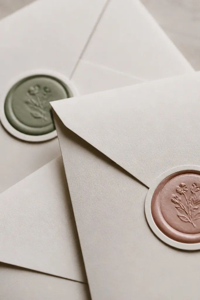 Close-up of invitation envelopes with small corner seals. Each seal has a faux wax look in muted pink and sage, framed by a crisp circular border cut with a machine. The texture looks slightly raised.