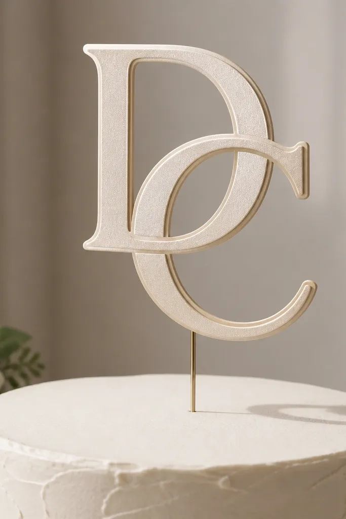 A cake topper standing upright. It has a monogram made from two layers of cardstock with a subtle shimmer, mounted on a thin metal wire stand. The letters cast a shadow on the cake.