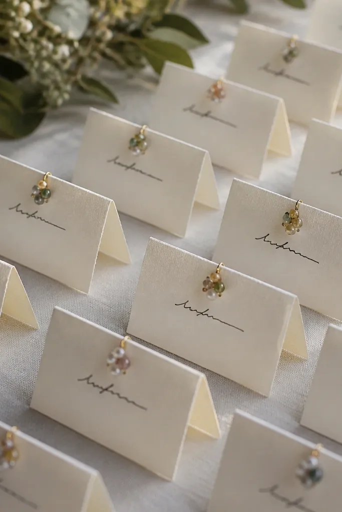 Escort cards on a table, each tag has a small beaded cluster at the top. The tags are folded into a tent shape, and the beads catch light when moved. The card text is handwritten in black ink.
