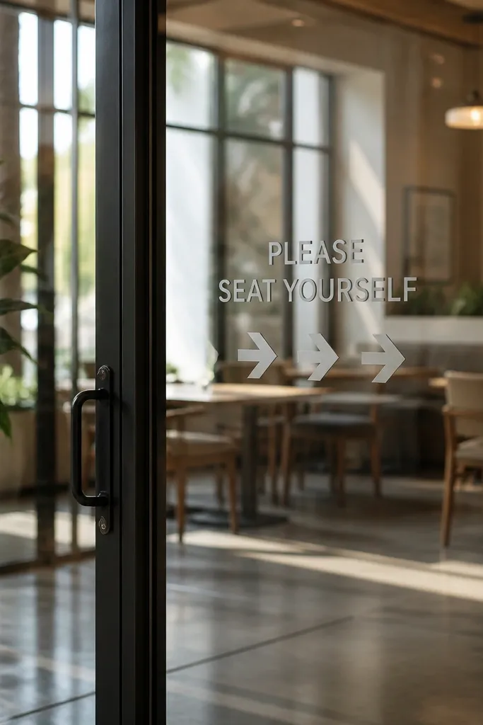 A glass door with translucent vinyl clings showing arrows and small text. The letters are centered and crisp, with a frosted look. The arrows point toward a seating area.
