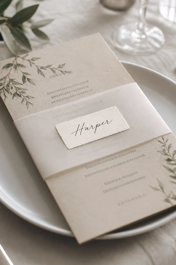 Menu sleeves with a translucent vellum band around the center. Small handwritten name stickers sit on top of the band. The vellum shows the printed menu underneath with soft contrast.