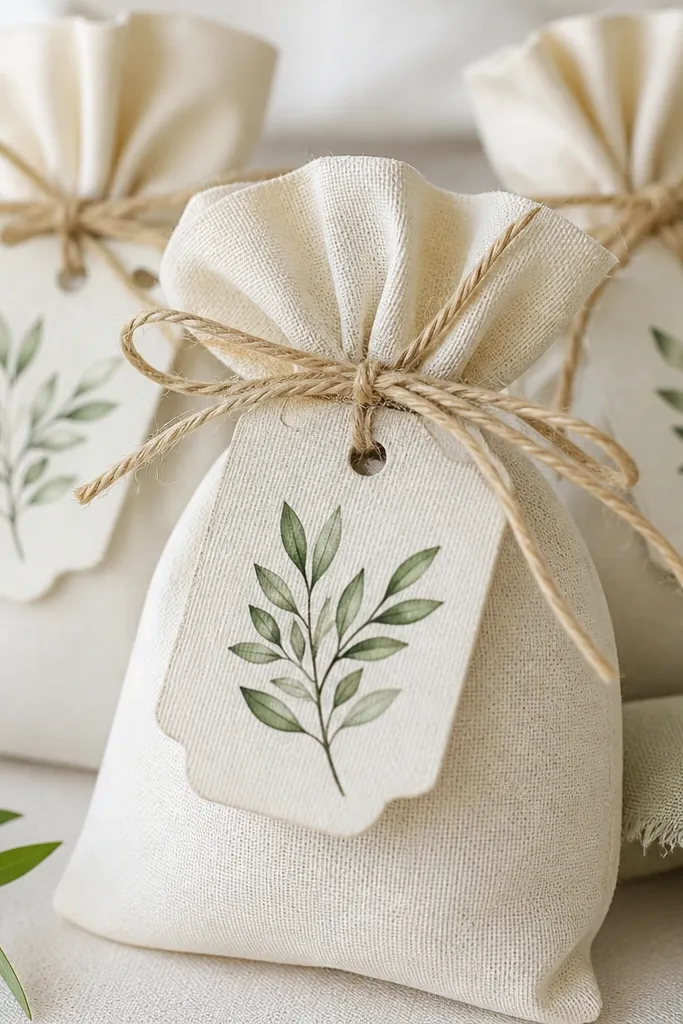Small favor tags made from cotton fabric. Each tag has a crisp printed-looking design cut with a machine and tied to a favor bag with twine. The fabric edges look clean and slightly frayed-free.