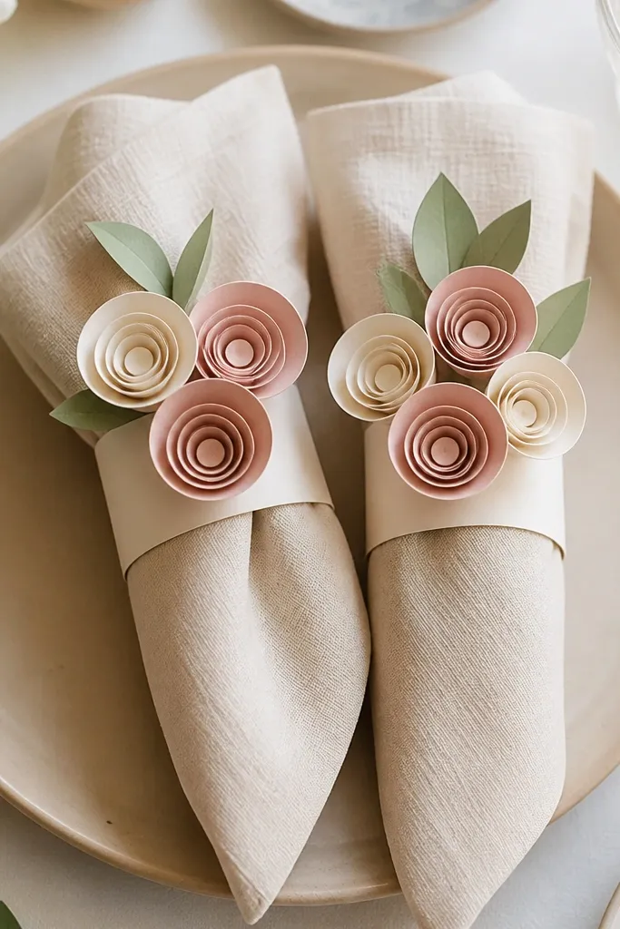 Napkins wrapped with small paper flower rings. Each flower has rolled petals in blush and cream and a tiny circular center that looks perfectly aligned. The flowers sit at the top of the wrap like a bouquet.