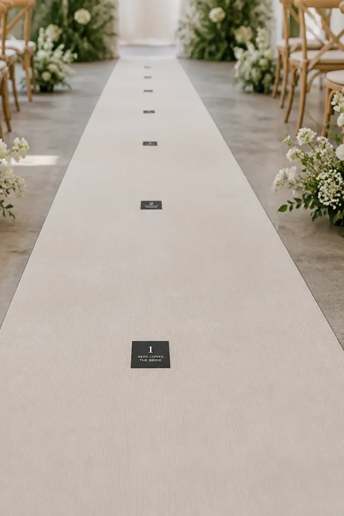 A long aisle runner with small square labels placed at intervals. Each square has a simple number and a short line of text in white on a dark background. The labels look firmly placed but easy to remove.