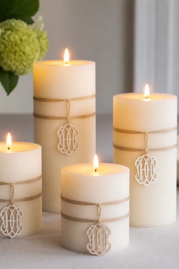 Table candles wrapped with thin ribbon bands. Each candle has a small cutout monogram label tied with twine, and the ribbon looks neatly aligned with no wrinkles.