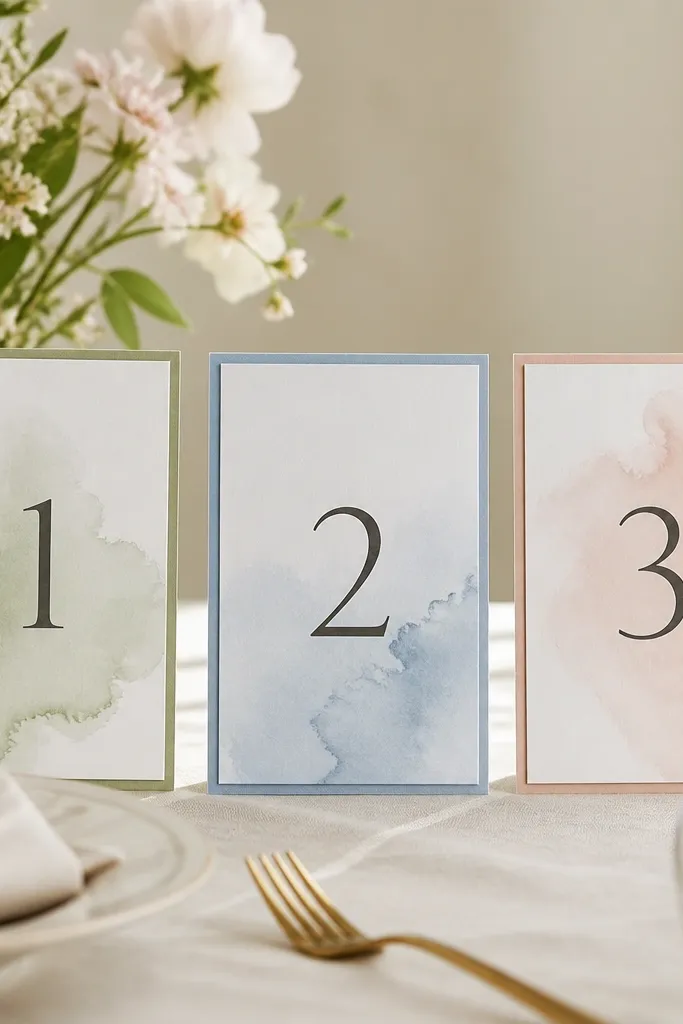 Table number cards with watercolor washes in muted colors. Each card has a crisp frame border in matching cardstock, cut into a thin outline. The numbers sit centered and clear.