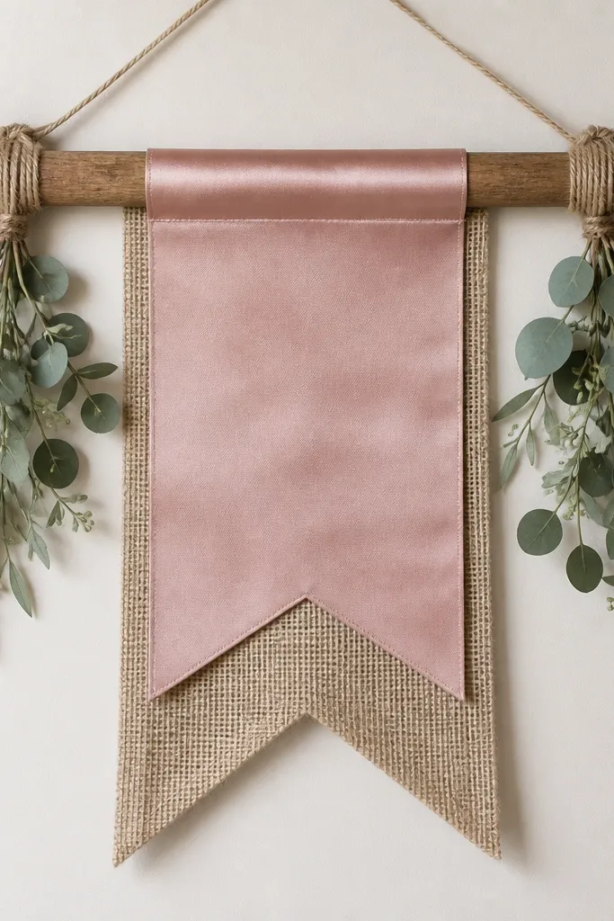A rustic wooden rod mounted with twine, holding a banner made of layered burlap triangles and a satin ribbon strip with hand-lettered names. The burlap is natural tan, the satin is dusty rose, and the ends have small faux eucalyptus sprigs.